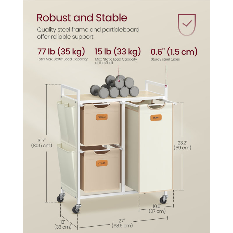 Metal Rolling Laundry Basket with Handles, Natural Beige/Camel Brown/Cream White