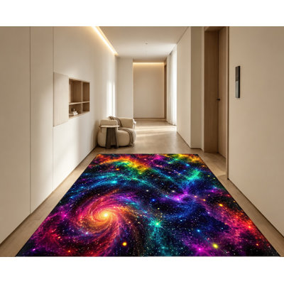 Galaxy Space Machine Washable Area Rug with Non‑Slip Backing, Cosmic Swirl Nebula Pattern Vibrant Colorful Stars Floor Carpet, Cozy Indoor Home Decor for Living Room, Bedroom, Apartment