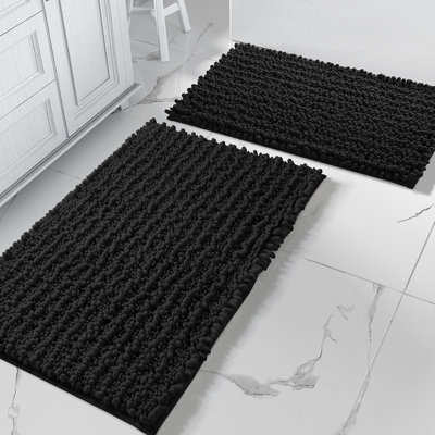 Ensemble de tapis de salle de bain 2 pièces, tapis de bain en chenille de luxe extra épais à séchage rapide, antidérapant, super absorbant, lavable à la machine, noir
