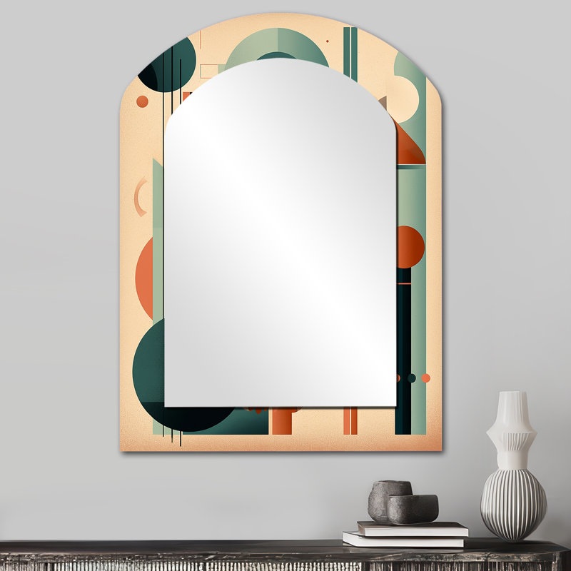 Orange et vert Mid Century Momentum IV - grand miroir moderne arche Midcentury, miroir mural décoratif asymétrique moderne, impression d'art en métal