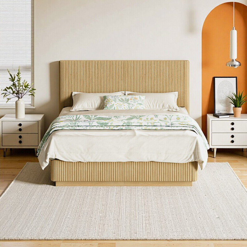Élégante base de lit pour grand lit avec lumières DEL, design moderne ondulé en bois ondulé, finition chêne, Chêne