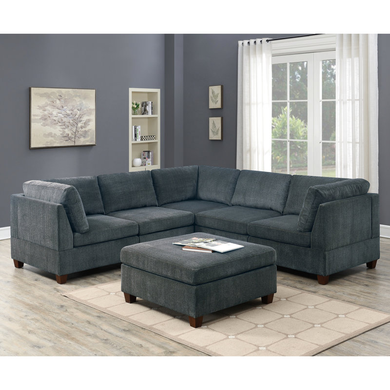 Canapé modulaire contemporain en chenille gris de 6 pièces comprenant 3 canapés d'angle, 2 fauteuils sans accoudoirs et 1 canapé spacieux de 6 pièces avec coins modernes et modernes