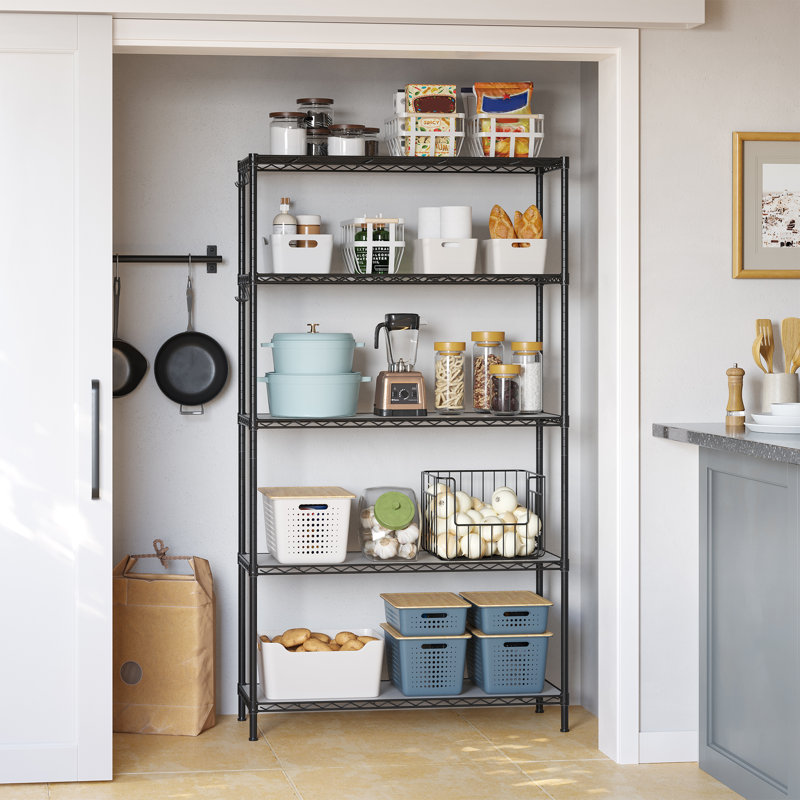 Étagères de rangement en métal à 5 niveaux, étagère en fil de cuisine, support de rangement avec tablettes réglables, doublures de tablettes, 8 crochets, pour le garage, 30 x 90 x 160 cm, noir