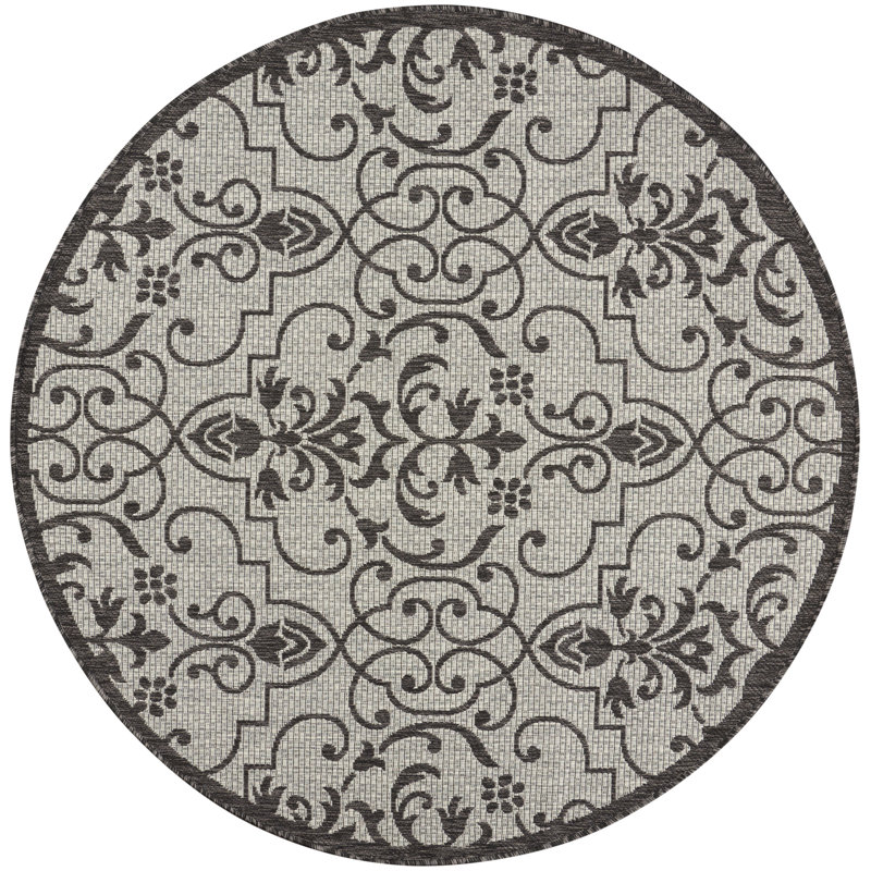 Tapis intérieur / extérieur ivoire / gris anthracite tissé à la machine Trofin, Rond 5 pi 3 po