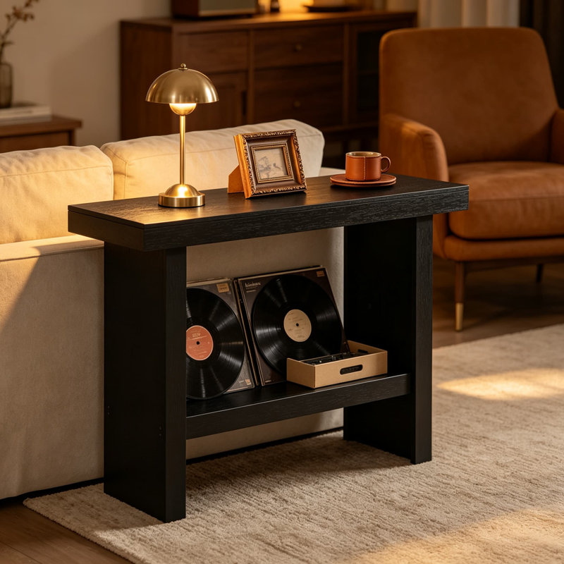 Console moderne avec rangement, table d'entrée rectangulaire pour couloir, vestibule, salon, fabrication en panneau de particules robuste, assemblage facile, finition noire