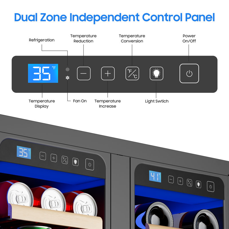 VUSHINE 21-Bottle & 88-Can Hybrid Door Beverage Center, 24" Under Counter Built-In or Freestanding, Round Handle