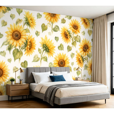 Wall Mural Peel and Stick Wallpaper Sunflower seamless Yellow summer floral white Repeating Self-Adhesive Removable Contact Paper Wall Decor for Living Room Bedroom 100"H x 144"W