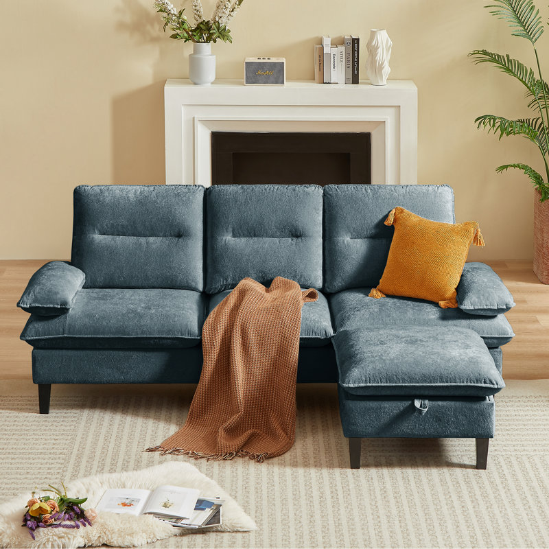 86.22" Chenille Sectional Sofa With Ottoman, Dark Gray