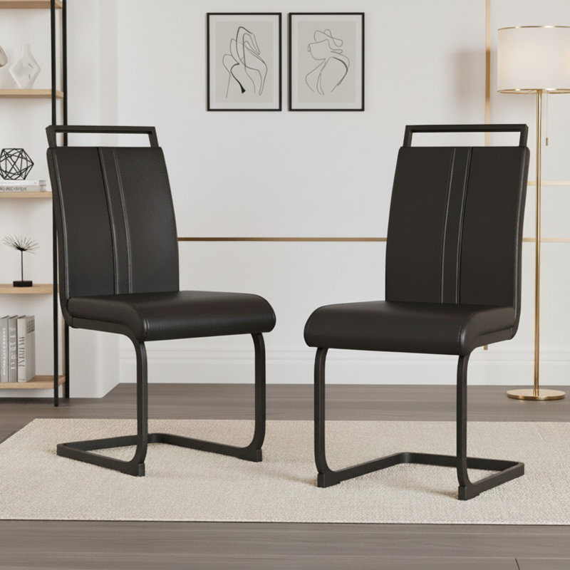 Set of 2 Modern Dining Chairs in Faux Leather with Black C-Shaped Legs, Black