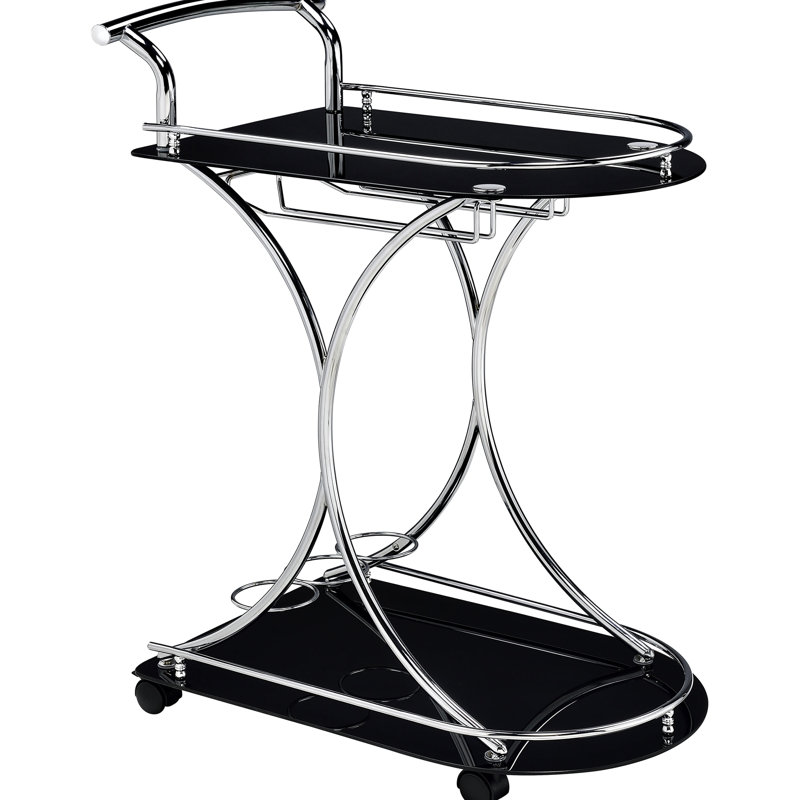 2 Metal Bar Cart With Black And Finish Glass Shelf For Dining Space, Enhancing Function Style, 34.55 Inches High Area, Combining Durability Mobility, 16.05 Deep