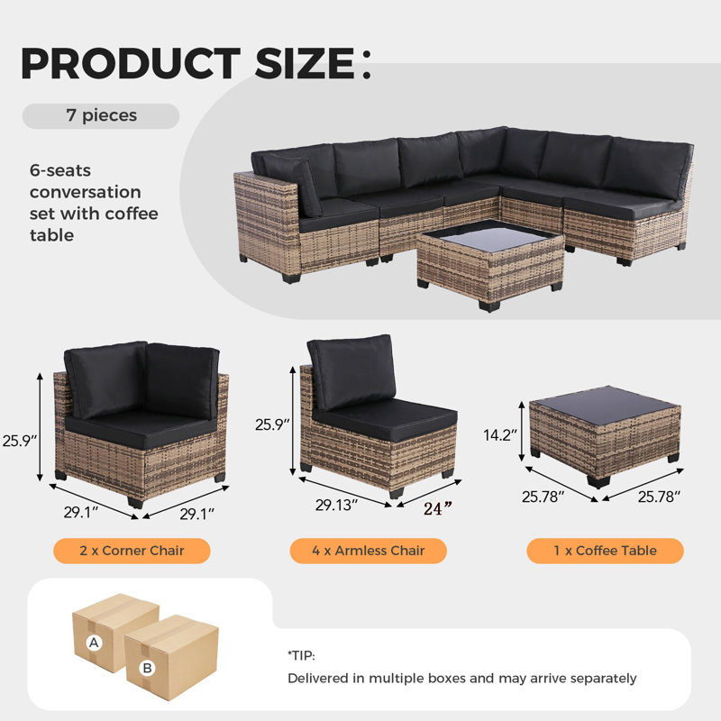 Ensemble de mobilier d'extérieur en osier 7 pièces, canapé modulaire en rotin, ensemble de conversation avec coussin et table basse, pour le jardin de la piscine
