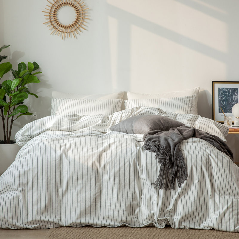 MooMee Striped Duvet Cover Set 100% Washed Cotton Linen Like Textured, Wide Stripes - White/Dark Gray