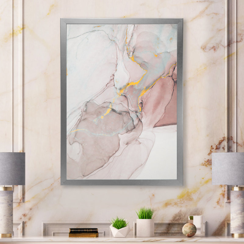 Gris et rose marbré art ondulations - décoration murale moderne en toile, Toile avec cadre photo argenté, L 30 po x H 40 po