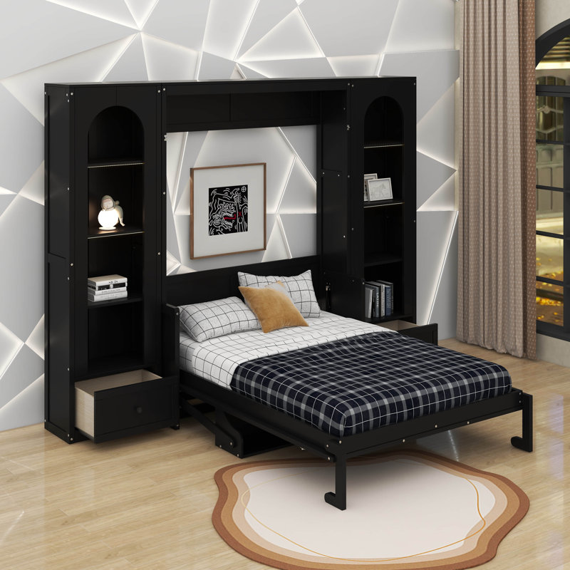 Grand lit plateforme escamotable avec tablette, armoires latérales, tiroirs et DEL, Noir