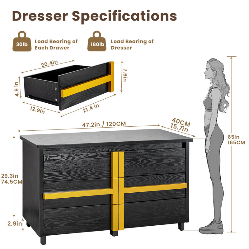 Commode double 6 tiroirs, Noir, noir, noir, noir