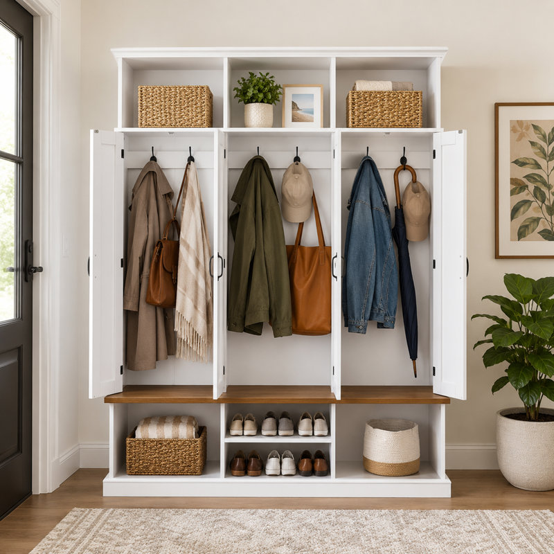 Modern Farmhouse 3-in-1 Entryway Hall Tree with Wood Top, Coat Hooks, Shoe Storage & Cabinets, White