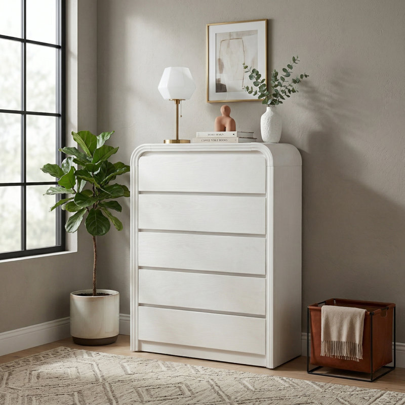 Curved Edge 31.5" Wide White MDF 5-Drawer Dresser with Storage, White