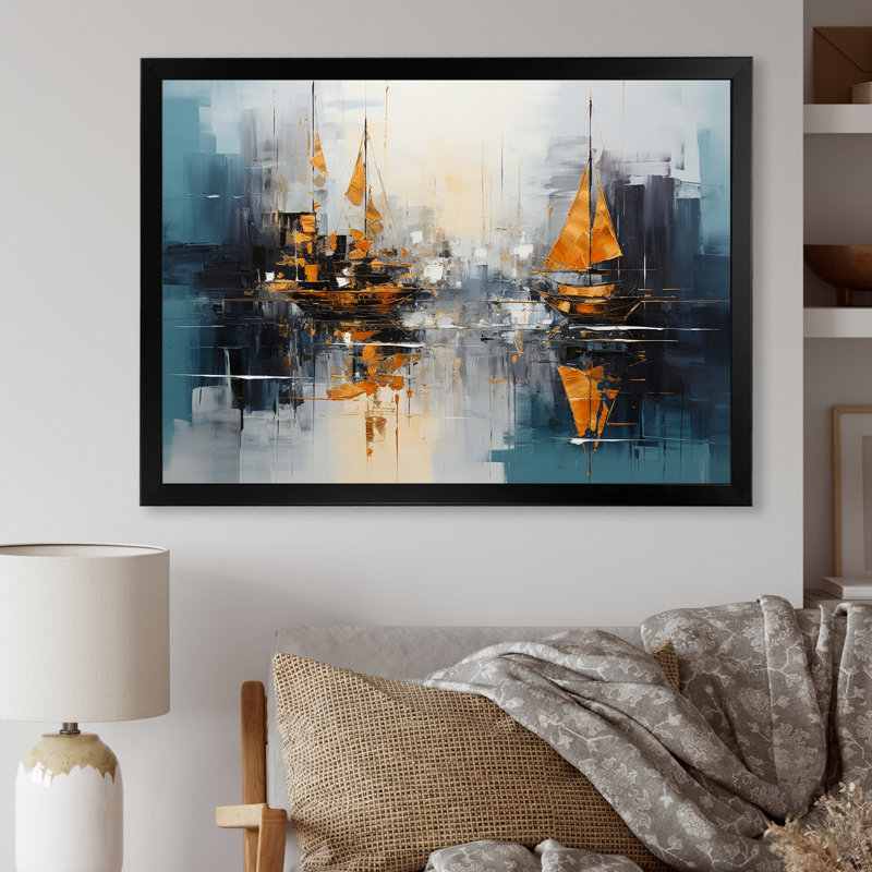 «Moonlight Saiboat Collage Horizon I», art mural de bateau à voile, H 34 po x l 44 po x P 1,5 po, Cadre d'angle fermé noir