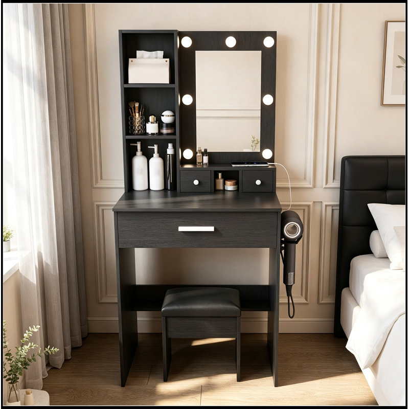 Table de coiffeuse avec miroir, lumières DEL réglables, prise de courant, support pour sèche-cheveux et tabouret, Noir