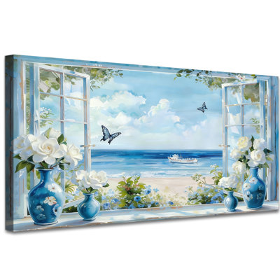 «Coastal Beach Window», reproduction d'art sur toile panoramique 2: 1 avec vue sur l'océan, fleurs blanches, vases bleus, papillons et bateau pour le salon, décoration de chambre à coucher 12 po x 24 po
