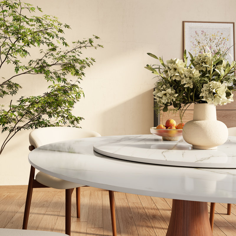 Round Dining Elegant Sintered Stone Table Set With Rotating Lazy Susan And 6 Upholstered PU Chairs For 4-8, White