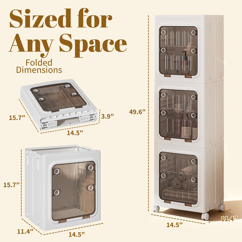 Foldable Vertical Plastic Bathroom Storage Cabinet With Wheels Freestanding Slim Organizer Bins For Small Bathrooms, Laundry, Dorms, And Apartments