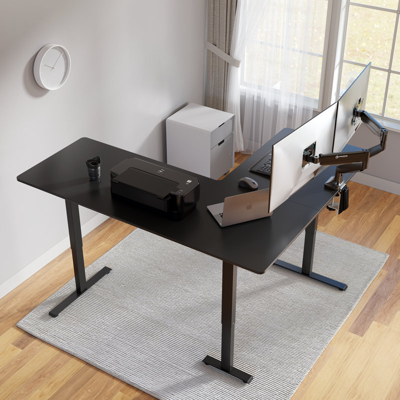 Bureau debout réglable en L 75 po, Noir / Noir, H 28,3 po x l 75 po x P 63 po