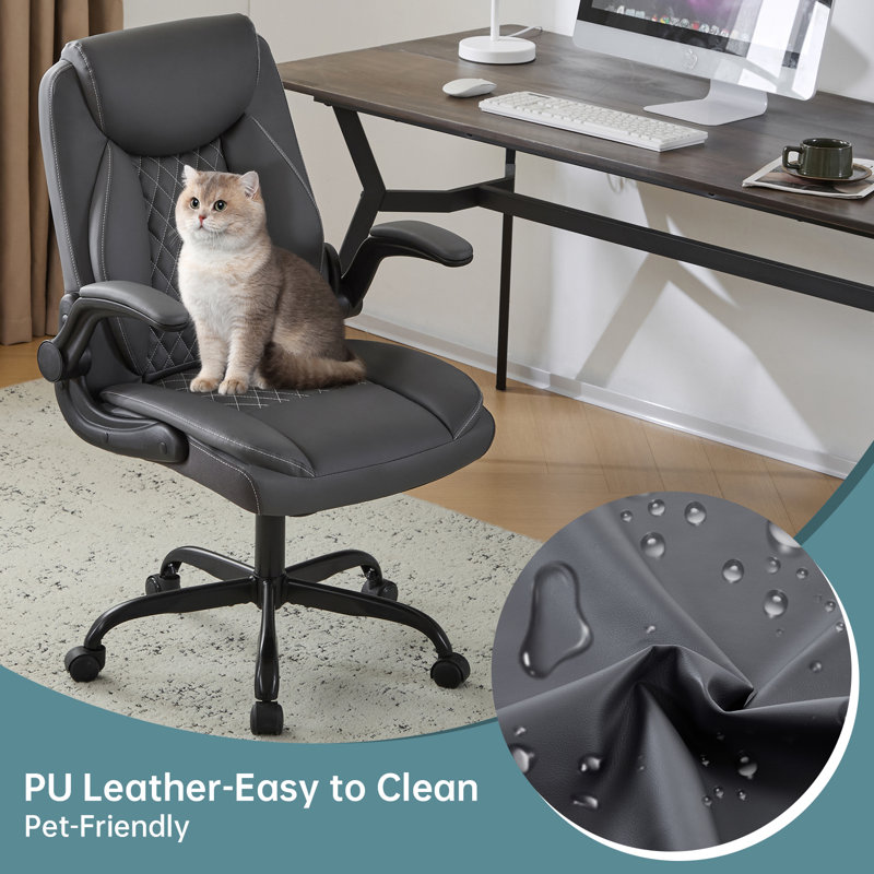 Chaise de bureau ergonomique en cuir - Chaise de bureau pivotante avec accoudoirs rabattables et support pour le dos, Gris