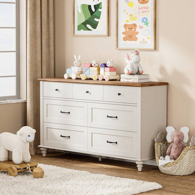 7-Drawer Mid-Century Dresser - 54 Inch, Distressed Wood, Ideal For Bedroom, Nursery, Or Living Room, Off White/Brown