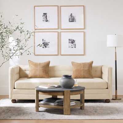 Canapé en chenille moderne à 3 places 77,2 po avec accoudoirs carrés, dossier chameau, coutures en canaux et pieds en bois Jalen