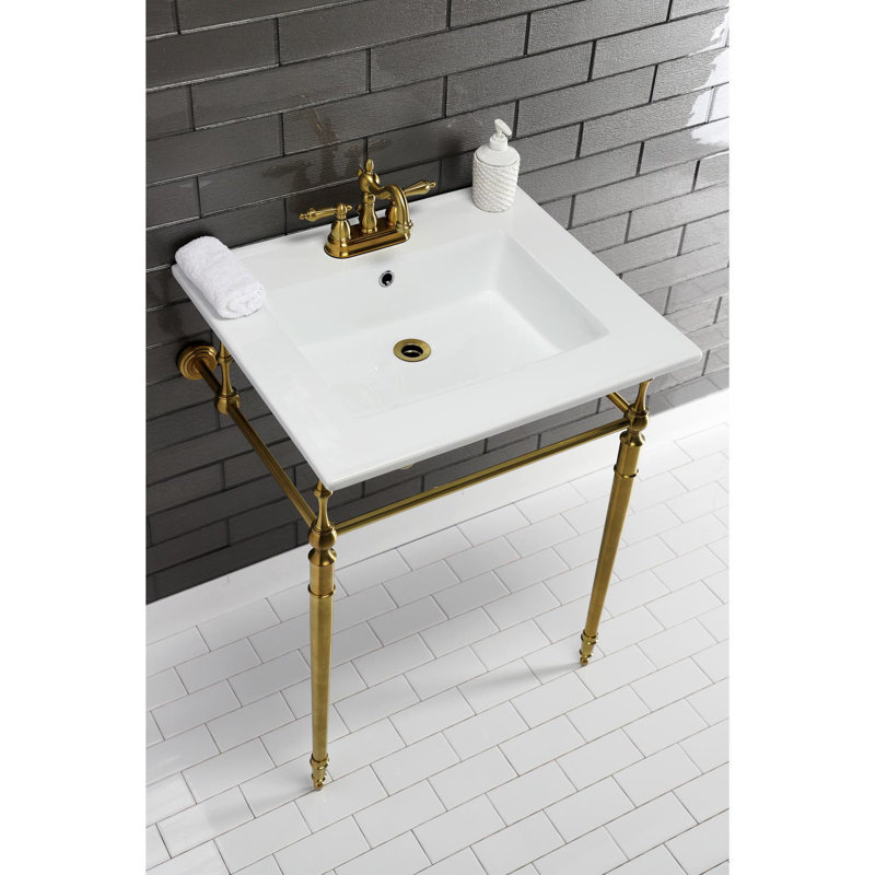 Lavabo console en laiton Kingstonian de 25 pouces avec pieds en laiton Kingston (4 pouces, 3 trous), Blanc / laiton brossé