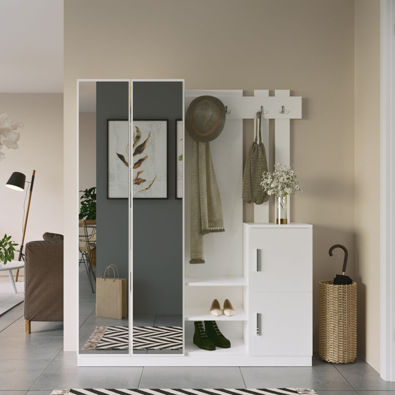 Modern Hall Stand in White, 58.0 x 70.8 x 14.8 inches | 100% Melamine Coated Particle Board, Thickness: 0.7 inches | Stylish Design for Entryway Organization, Durable & Elegant Storage Solution