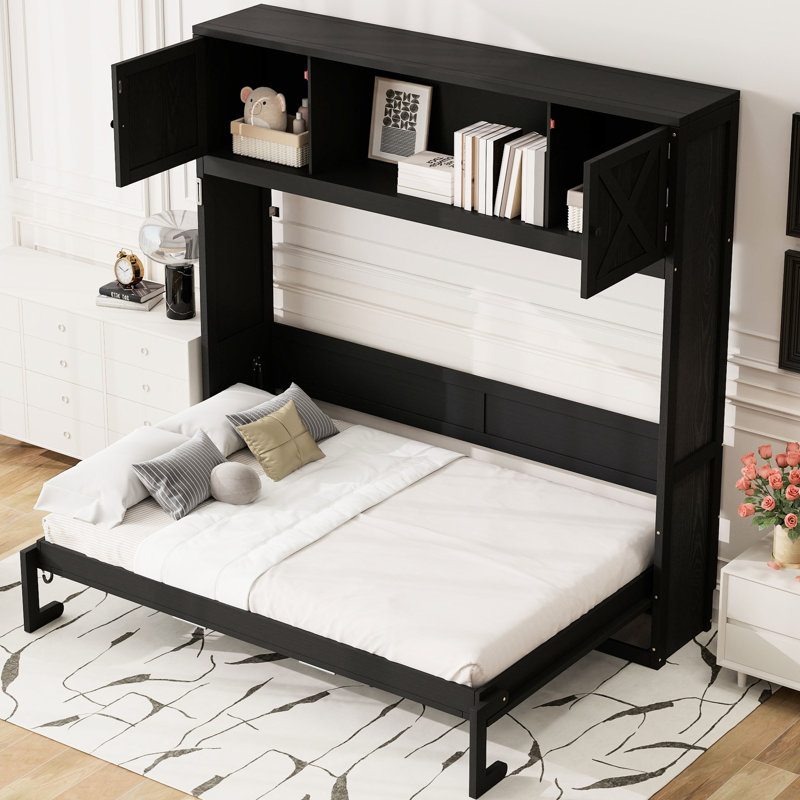 Black Full Size Bed With 3 Storage Cabinets For Sunglasses And Wallets, Reliable Pine Wood Build, Folding Tiny Homes Bed, X-Shaped Embellishment, Solid Wood, Easy To Up