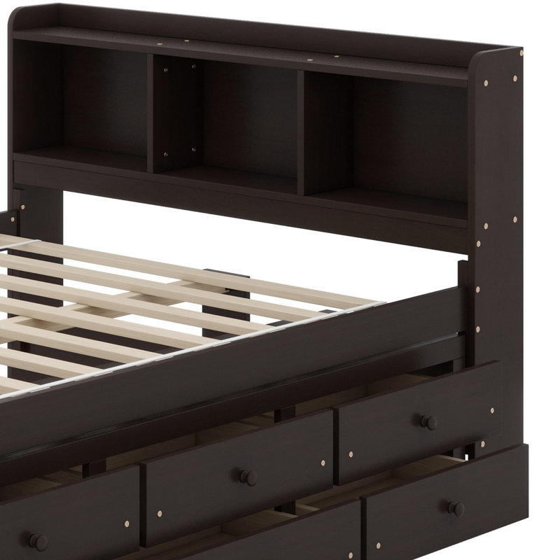 Lit avec tête de lit bibliothèque, tiroirs de rangement sous le lit et étui de rangement, Espresso