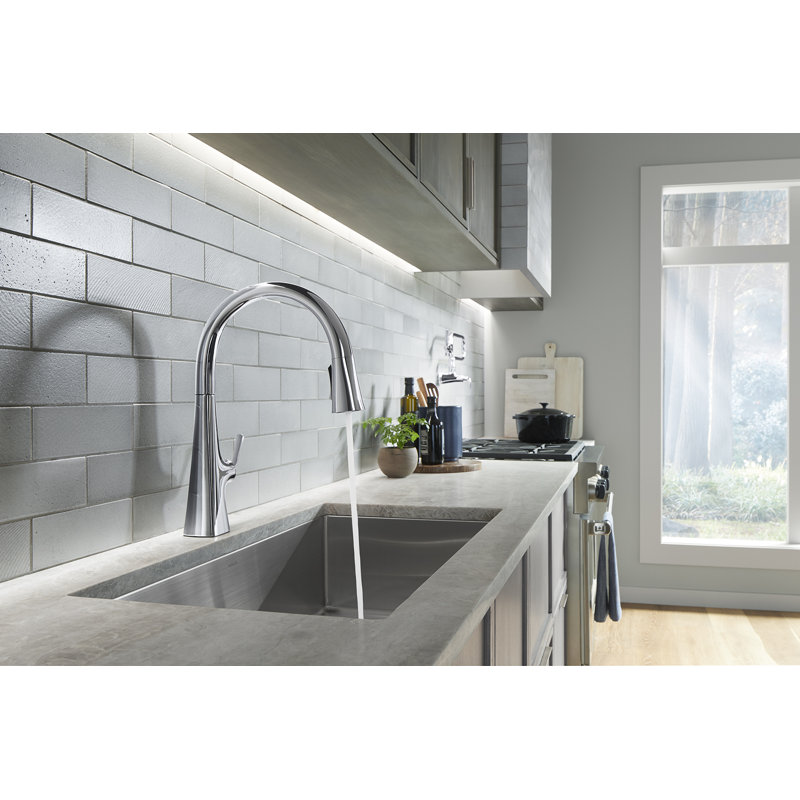 Graze Pull-Down Single Handle Kitchen Faucet With Three-Function Sprayhead With Accessories, Polished Chrome