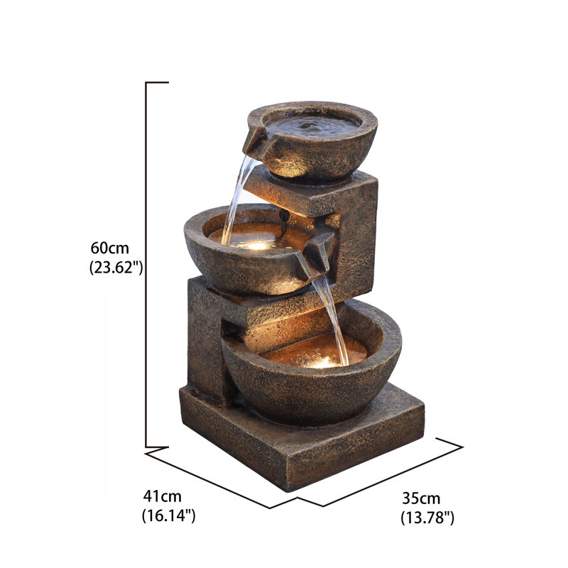 Weather Resistant Floor Table Top Fountain with Lights, Brown, 24" H x 14" W x 14" D