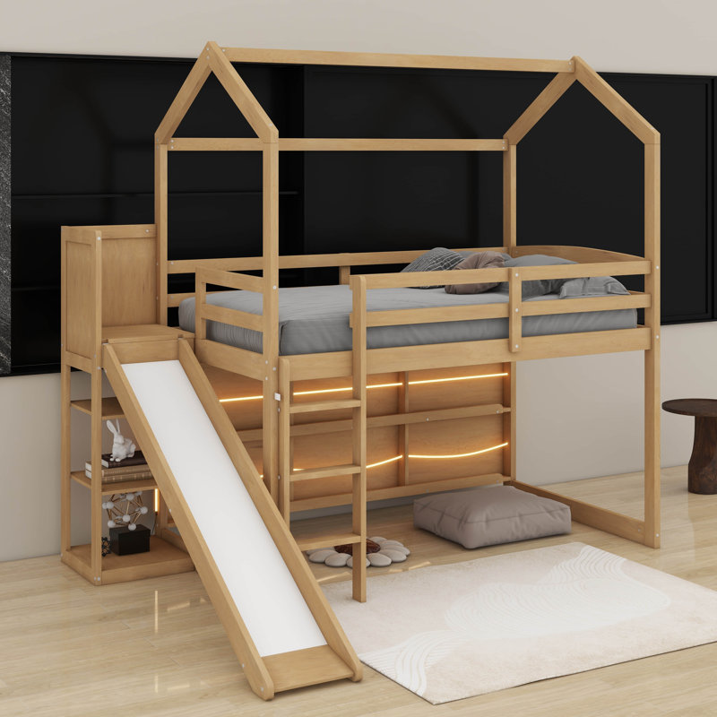 Twin Size Wood House Loft Bed With Slide,Shelves And Light, Wood