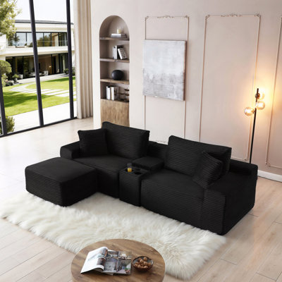 Modular Sectional Sofa, Deep Seat Corduroy Cloud Couch with Cup Holders, USB Ports & Storage Box, Sleeper Sofa Couch Boneless Couches With Movable Ottoman for Living Room, No Assembly Required