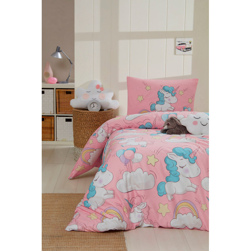 Luxury Super King Quilt Cover Set, Pink & White & Blue, 102.4 x 86.6 inches | 70% Cotton / 30% Polyester, 120 Thread Count | Machine Washable, Button Closure for Quilt & Envelope Pillowcases (2 Pieces)