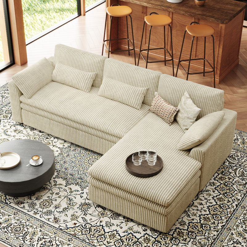 Canapé manuel en L à 3 places avec coussin de siège double amovible Manuel Corduroy, Velours côtelé beige, Orienté à droite