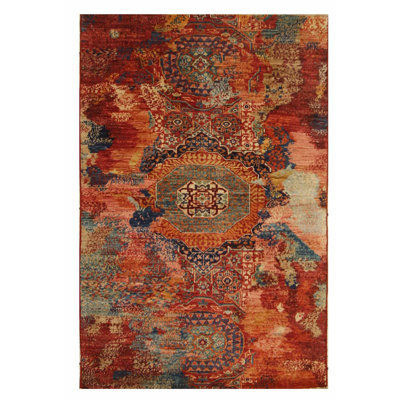Tapis unique rouge / sarcelle / ivoire / orange de 2 pi 8 po x 4 pi One-of-a-Kind