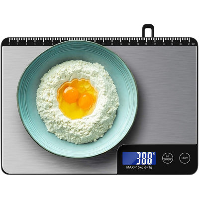 33lb Digital Kitchen Scale with 9 Inch Large Weighing Area, Professional Stainless Steel Food Scale, Touch Control, LCD Display, Hangable Design, 6 Unit Conversion & Tare Function, Battery Powered