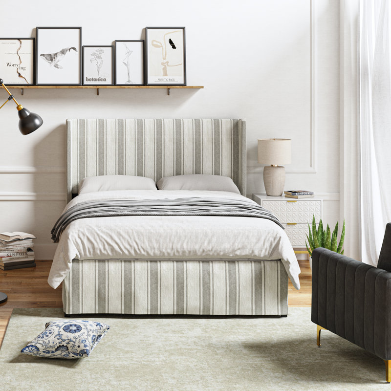 Lit plateforme tapissier Carlyon avec housse lavable et rangement sous le lit, Grand, Motif à RAYURE