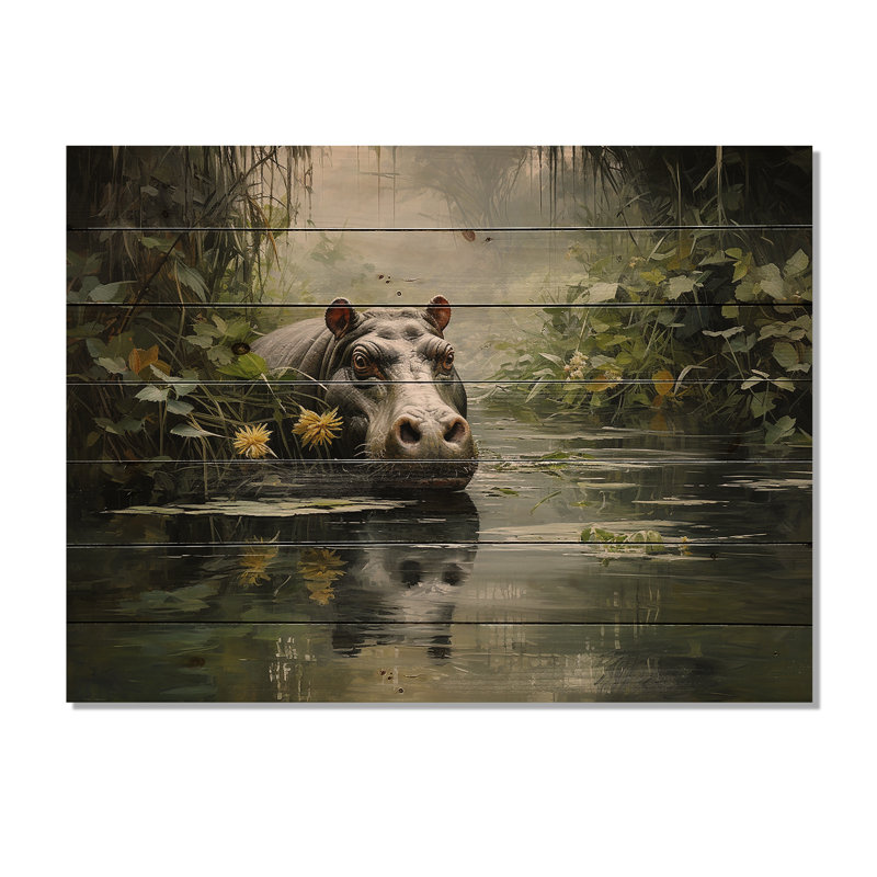 Hippopotame secret Hippo II - Hippopotame sur bois, H 24 po x l 32 po x P 0,78 po