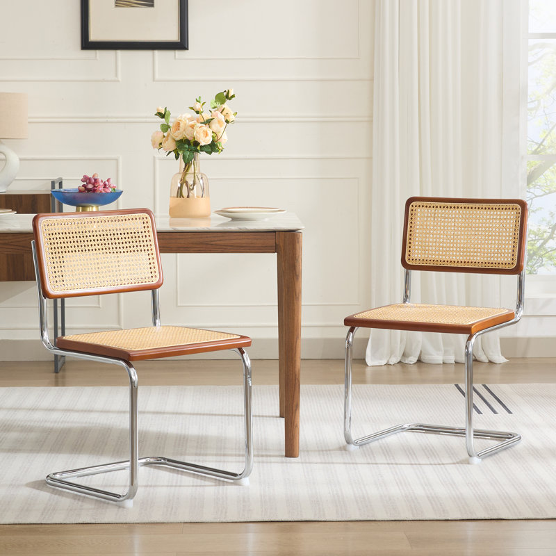 Benett Modern 46cm Natural Woven Rattan Dining Chairs with Metal Frame Small Kitchen Side Chairs, 2, Natural/Walnut/Chrome