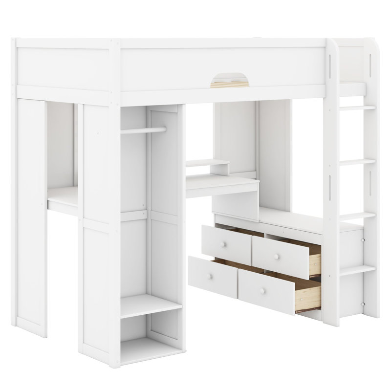 Lit mezzanine avec bureau, armoire et éclairage contrôlé par application pour espaces modernes, Lit simple, Blanc
