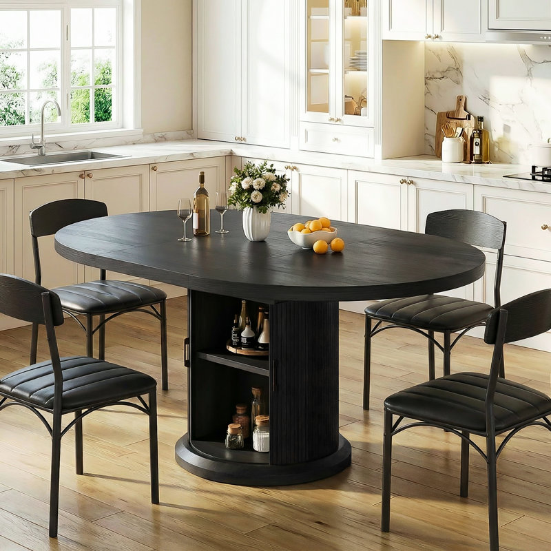 47"-63" Extendable Round/Oval Dining Table for 4-8, Pedestal Base with 2-Tier Dust-Proof Storage Shelf, Space-Saving Wood Dining Table
