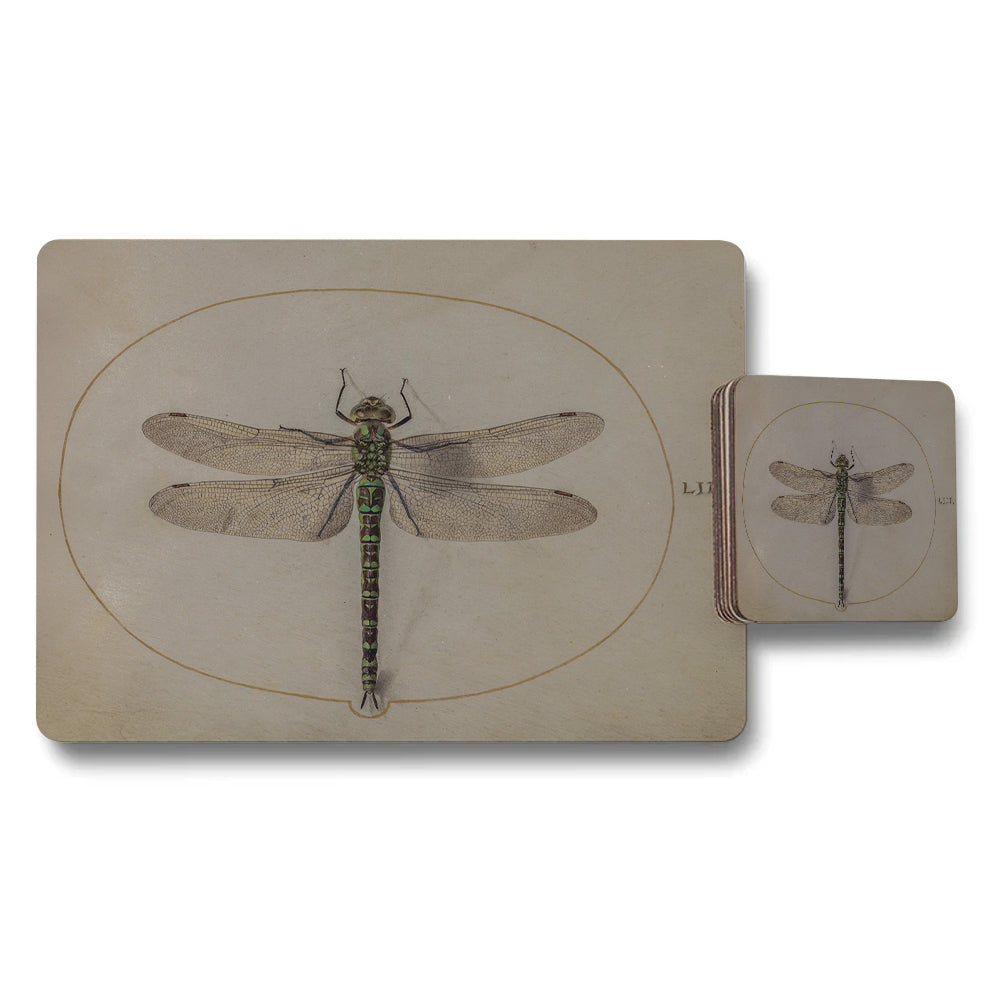 Dragonfly Placemats and Coaster Set Vintage Botanical Illustration