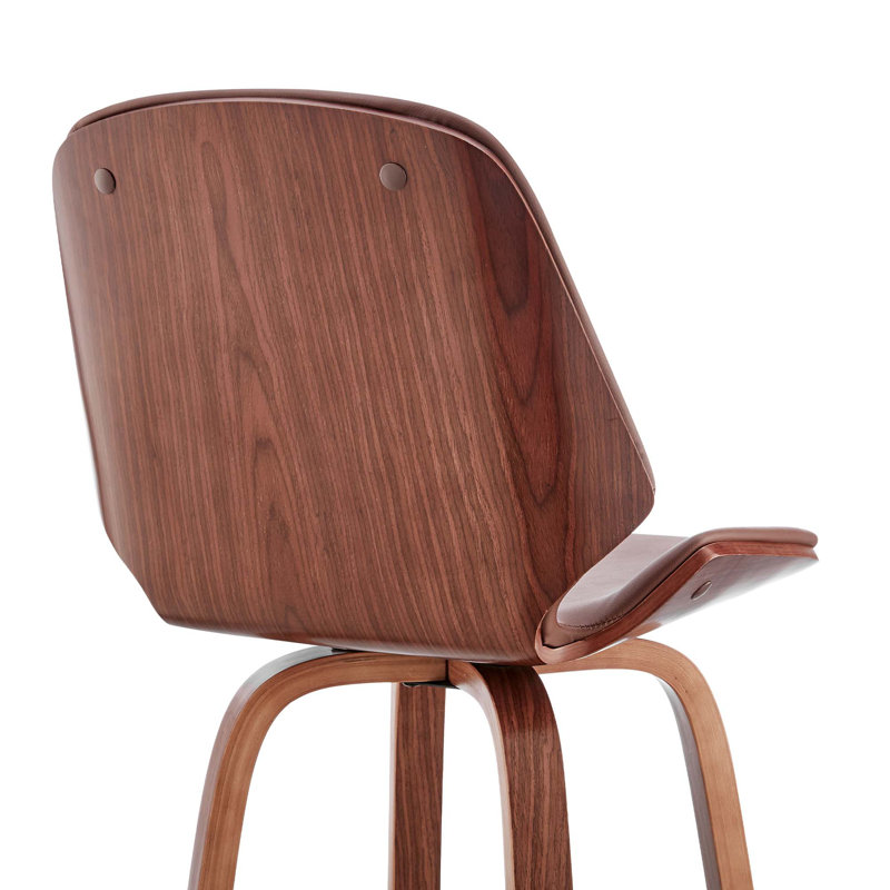 Elegant Swivel Bar Stool with Faux Leather and Walnut Wood, Brown