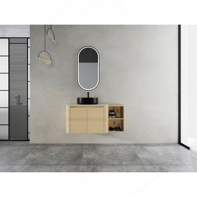 Meuble-lavabo mural 42 po en contreplaqué avec vasque en céramique, tablette de rangement et 2 portes à fermeture en douceur
